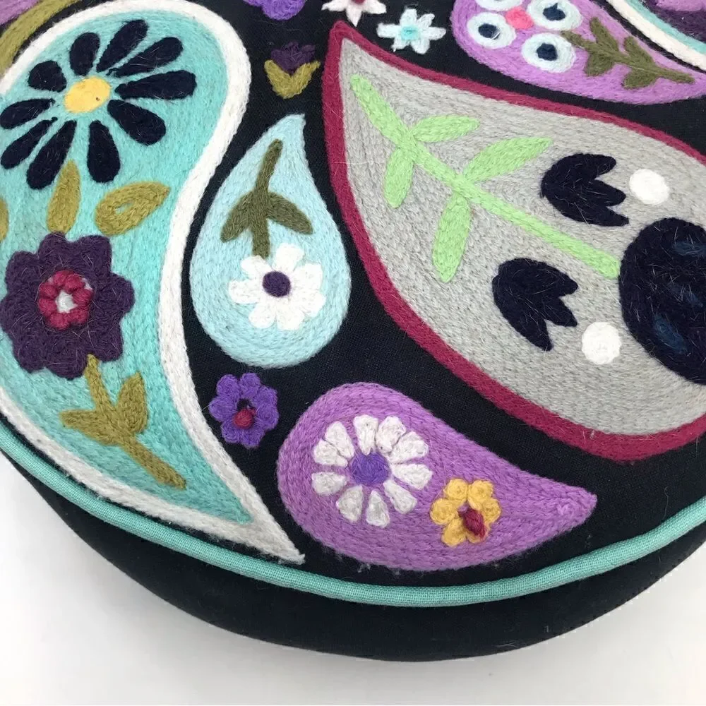 Pottery Barn Colorful Paisley Crewel Stitch Round Decor Toss Pillow